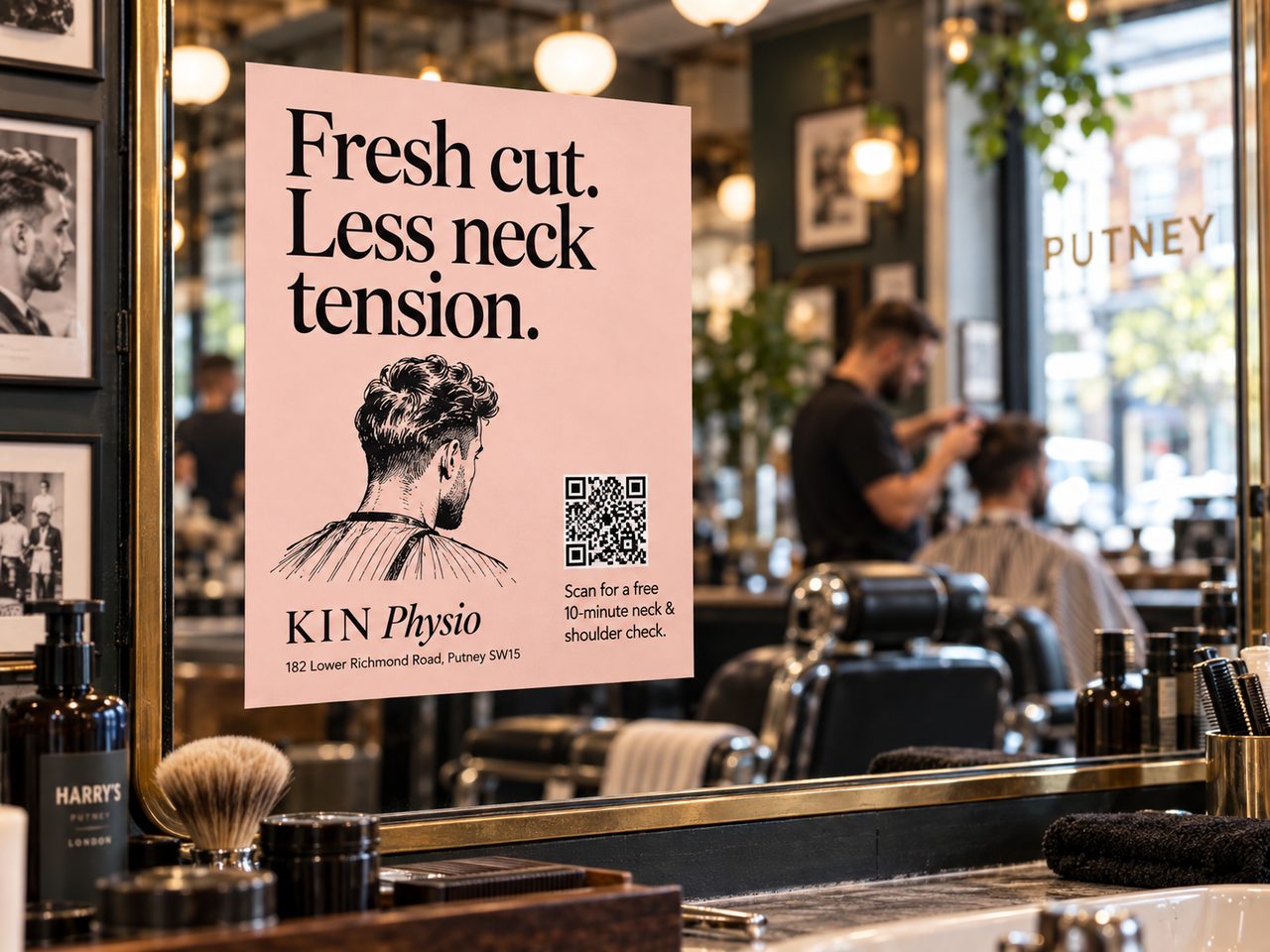 KIN Physio placement inside a Putney barbershop