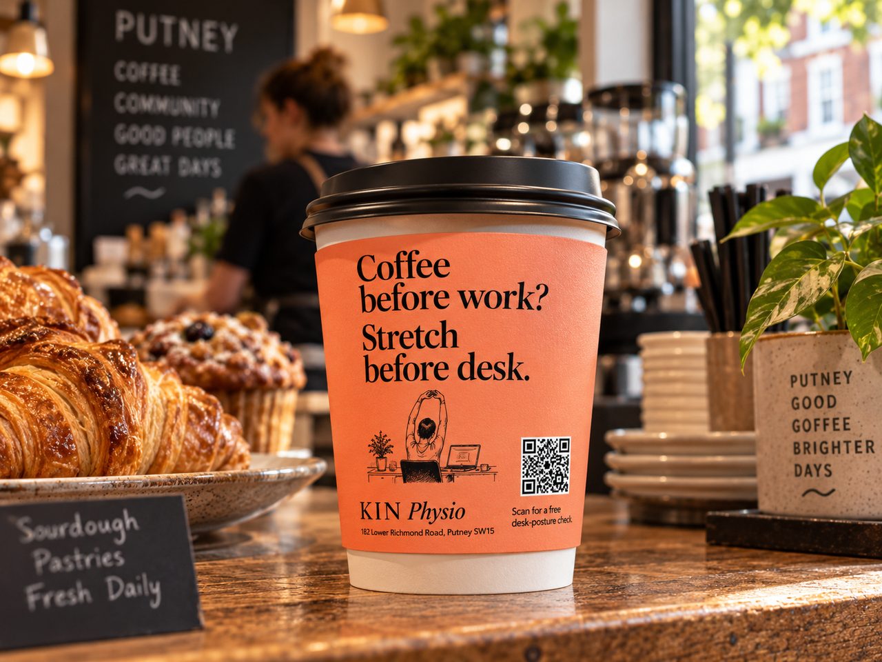 KIN Physio coffee cup sleeve in a café