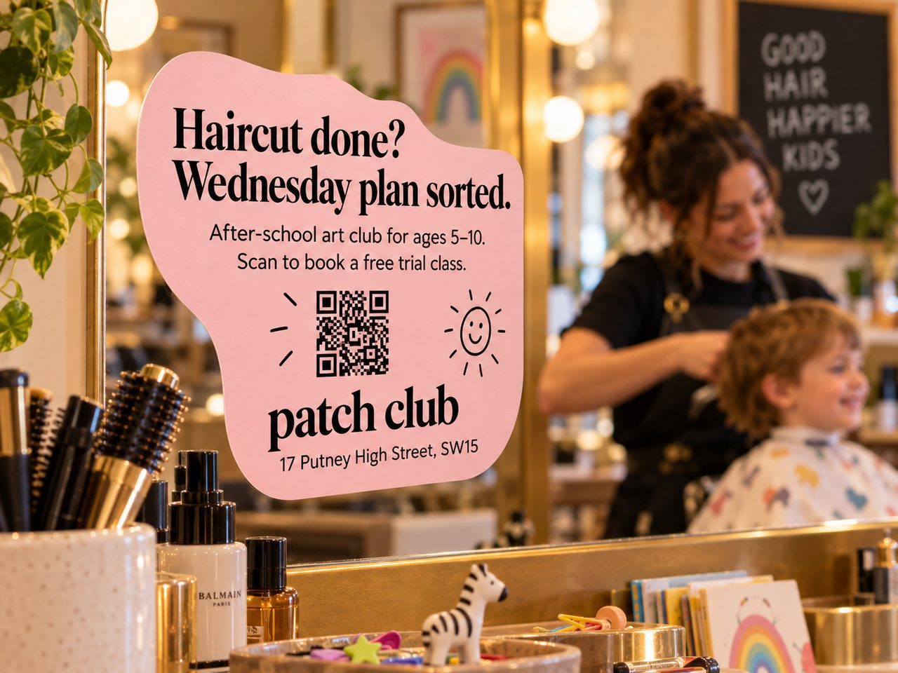Patch Club mirror sticker in a children's hair salon