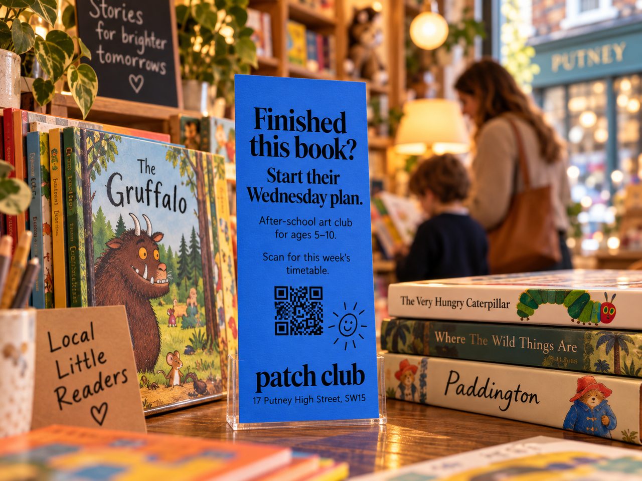 Patch Club counter card in a children's bookshop