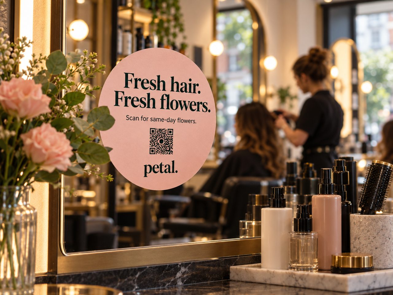 Petal mirror sticker inside a hair salon