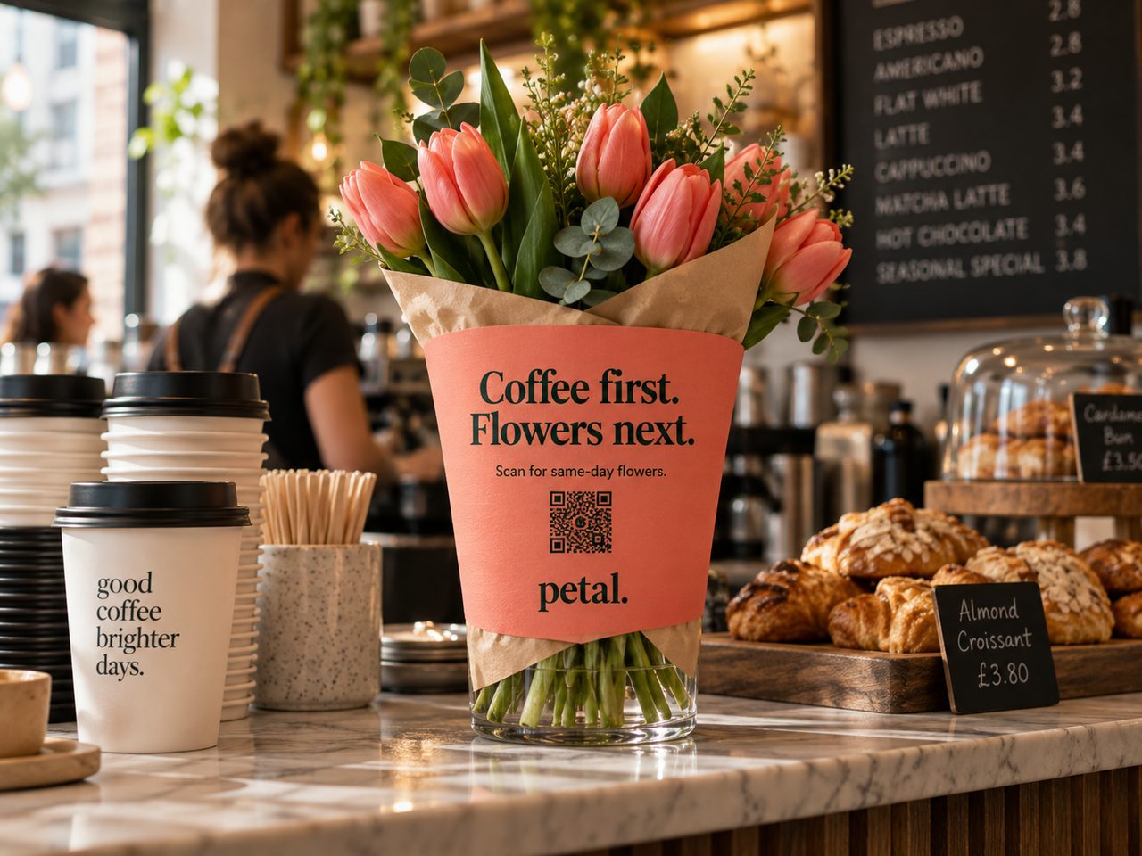 Petal flower bouquet campaign inside a London café