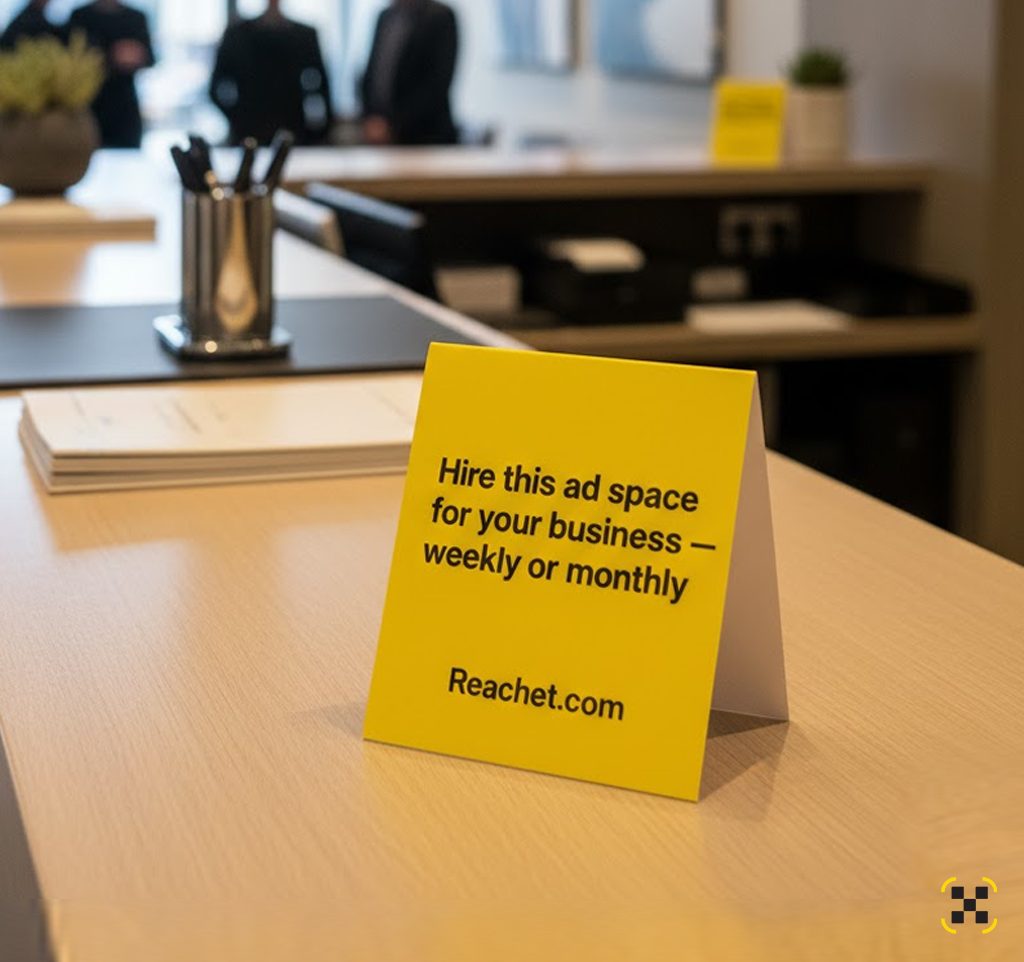 A tent card on a reception desk